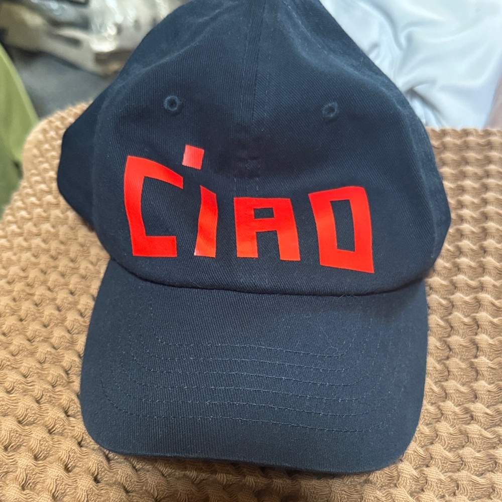 Clare V Navy hat with Red 'Ciao' Print